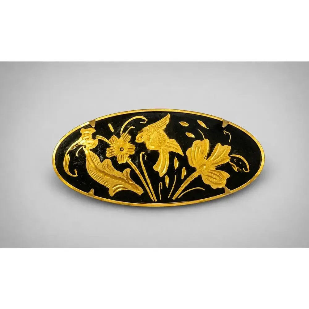 Vintage‎ Bird & Flowers Damascene Brooch Pin 1.75